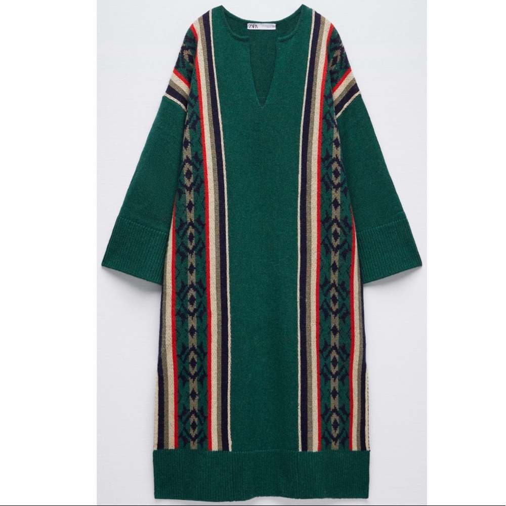 Wool blend green jacquard long tunic sweater - Picture 12 of 15